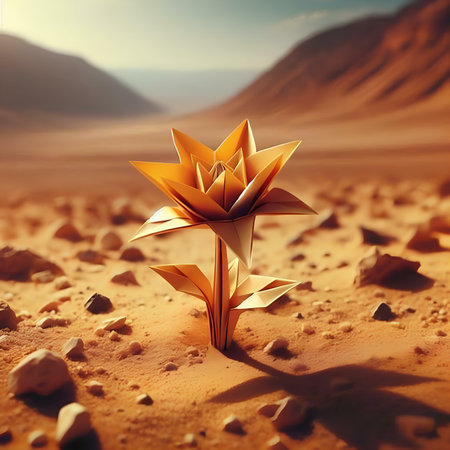 3d rendering of a golden origami flower in the desert.の素材