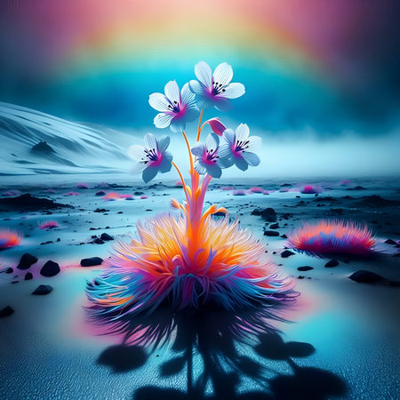 Fantasy flower in surreal landscape. 3d illustration. Digital painting.の素材