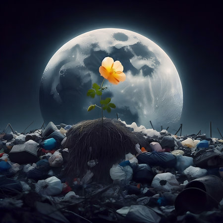 Plant growing out of garbage bin with full moon in the backgroundの素材