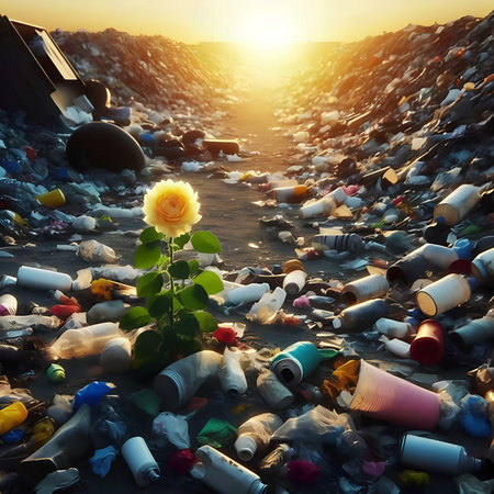 Garbage and roses on the beach. Pollution environment concept.の素材