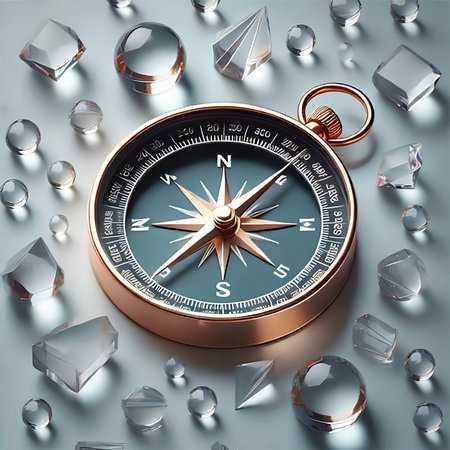 Compass and crystal. 3D illustration. High resolution image.の素材