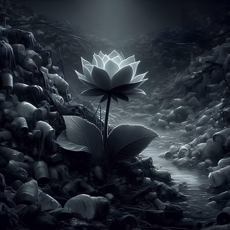 Lotus flower in the pond. 3D illustration. Black and white.の素材