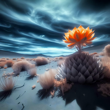 3D render of an orange flower in the desert with dark cloudsの素材