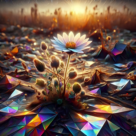 3d rendering of a flower in the middle of a field at sunsetの素材