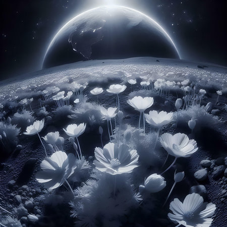 Fantasy landscape with flowers and planet. Elements of this image furnished by NASAの素材
