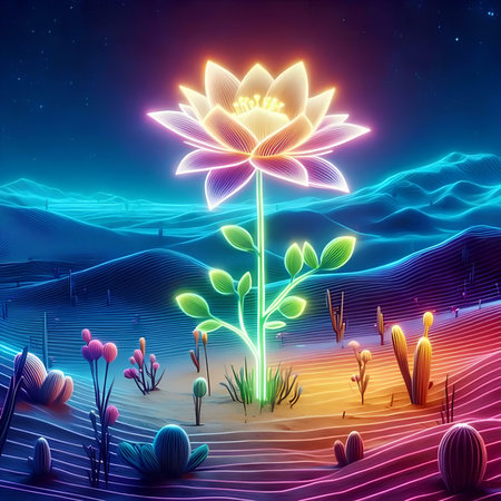 Illustration of a lotus flower in the desert at night.の素材