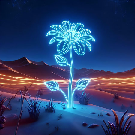 Glowing flower in the desert. 3D rendering. Neon effect.の素材