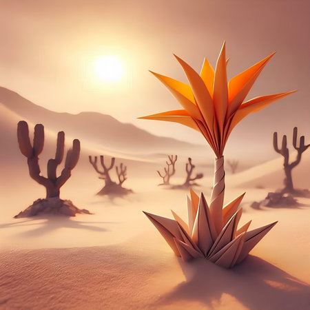 Paper origami cactus in desert. 3d render illustration.の素材