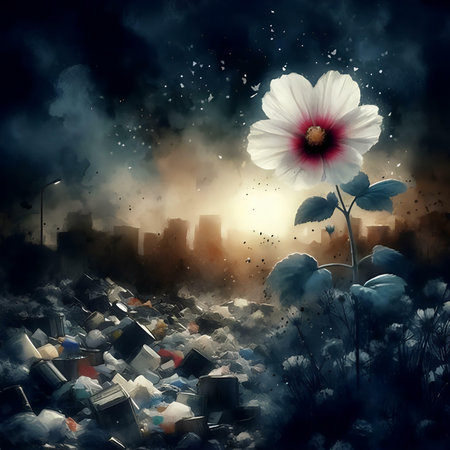 Grunge urban scene with hibiscus flower and smokeの素材