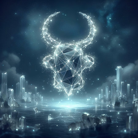 Abstract polygonal bull head on night city background. 3D Renderingの素材