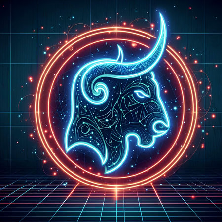 Neon head of a bull in a circle. Vector illustration.の素材