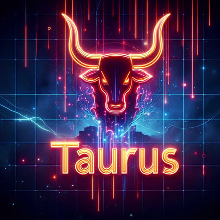 Neon Taurus zodiac sign on futuristic background. Vector illustration.の素材