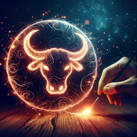 Close up of human hand drawing zodiac sign on sphere with fireの素材