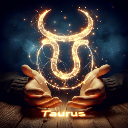 Close up of human hands holding glowing zodiac sign Taurus on wooden deckの素材