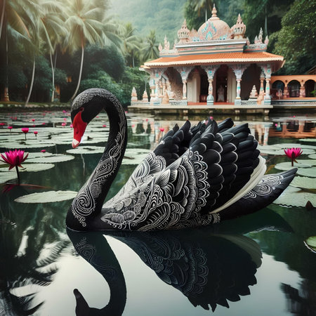 Black swan on the lake with a beautiful temple in the backgroundの素材