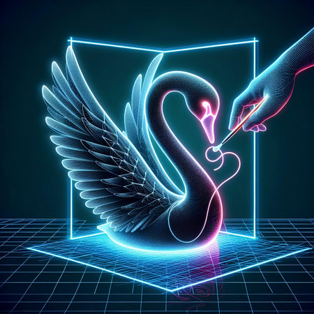 Futuristic swan with wings. Vector illustration in neon styleの素材