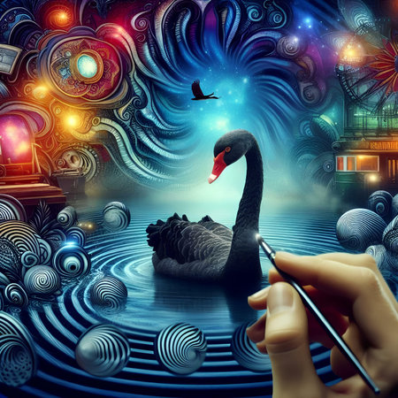Beautiful black swan in fantasy world. 3D illustration.の素材