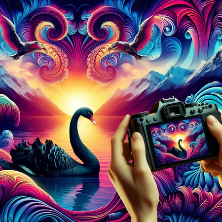 Fantasy landscape with swans on the background of the rising sunの素材