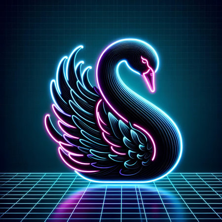 Retro swan vector illustration in neon style on a dark backgroundの素材