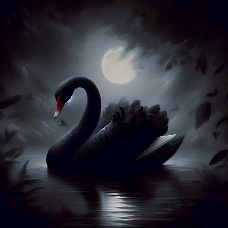 black swan on a lake at night with moon in the backgroundの素材
