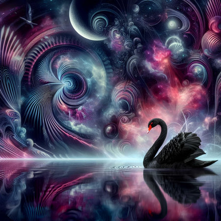 Black swan on a fantasy space background. 3D illustration.の素材