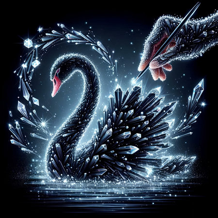 Vector illustration of a beautiful swan on a black background with snowflakesの素材