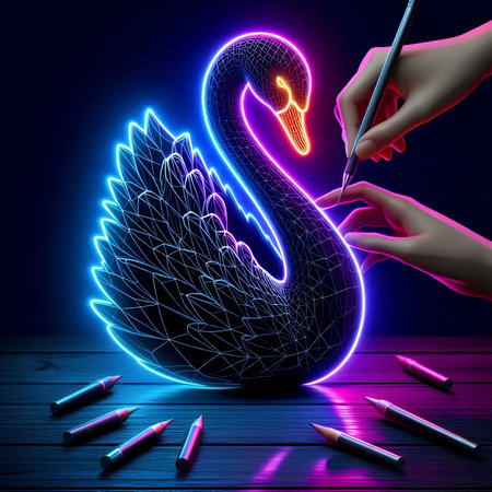 Neon swan painting with brush on wooden background, 3d illustrationの素材