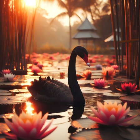Beautiful black swan swimming on the lake at sunset, Thailand.の素材
