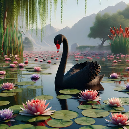 Black swan on the lake with lotus flowers. 3d renderの素材