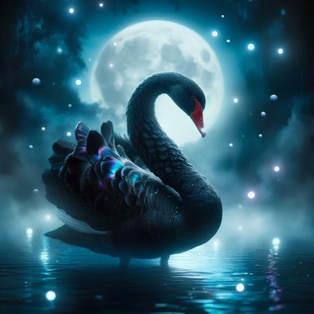 Beautiful black swan swimming in the moonlight. 3D renderingの素材