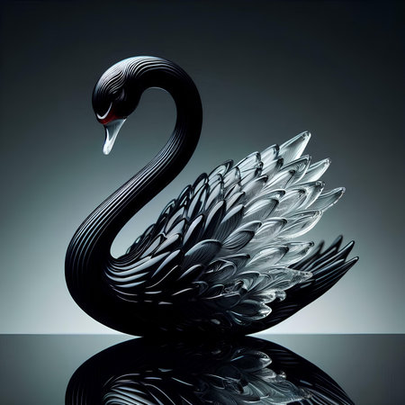 Black swan on a black background. 3d render illustration.の素材