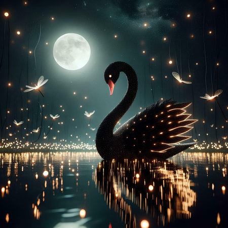 Black swan on the lake at night with moon and flying birdsの素材