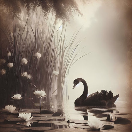 Beautiful swan swimming in the pond with lotus flowers.の素材