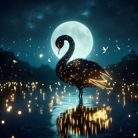 Black swan in the lake at night with full moon in the backgroundの素材