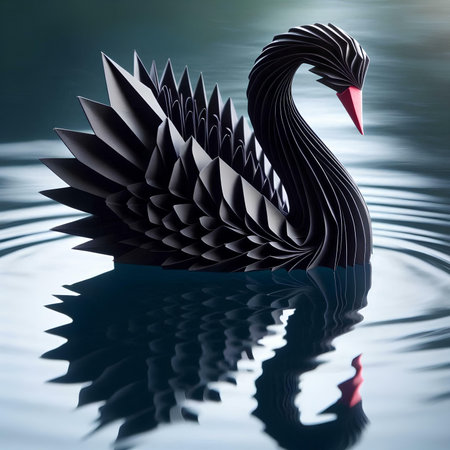 Black swan on water surface with reflection. 3D illustration.の素材
