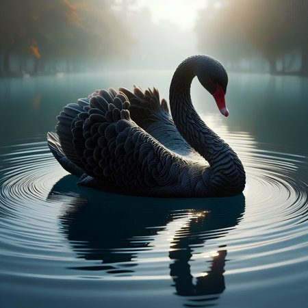 Black swan on the lake in the morning. 3d renderingの素材