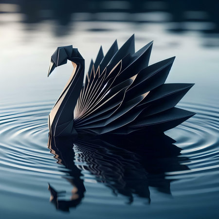 Black origami swan on water surface. 3D rendering.の素材