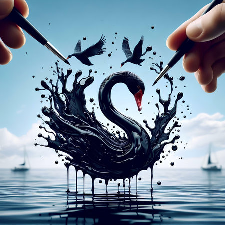 Black swan made of water splashes with paintbrush in handの素材