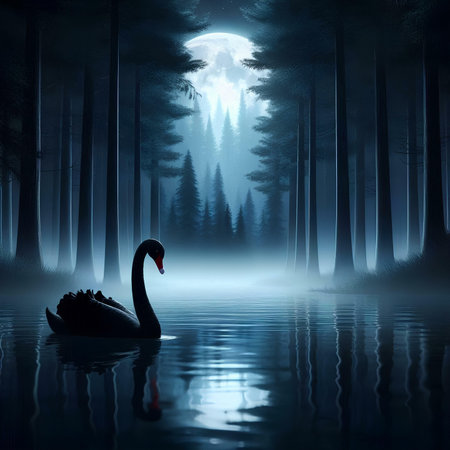 Black swan on the lake in a dark forest with full moonの素材