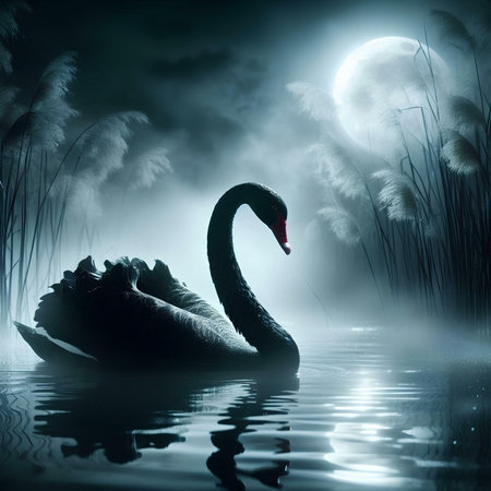 Black swan on the lake in the moonlight. 3d renderingの素材