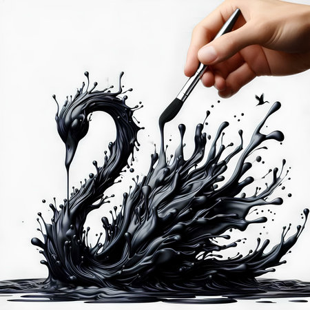 Black paint splashing from brush on white background. 3d illustrationの素材