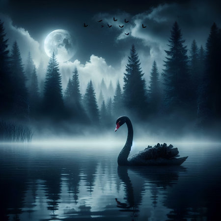 Black swan swimming in a misty lake on a full moon nightの素材