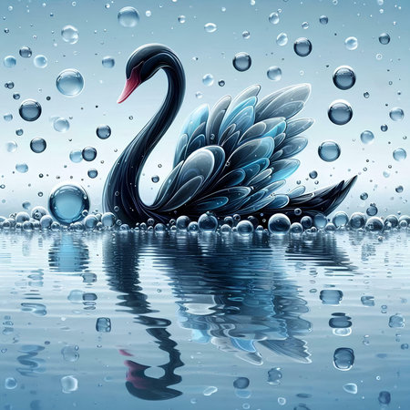 Swan on the water with bubbles. 3d illustration. Blue background.の素材