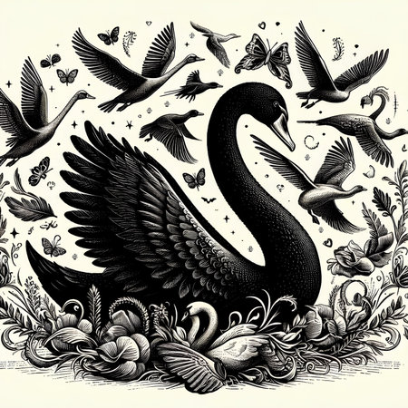 Swan, birds and flowers. Black and white vector illustration.の素材