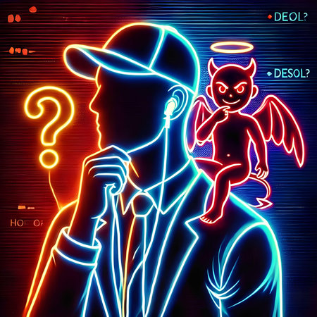 Vector illustration of a neon man with a devil in his hands.の素材