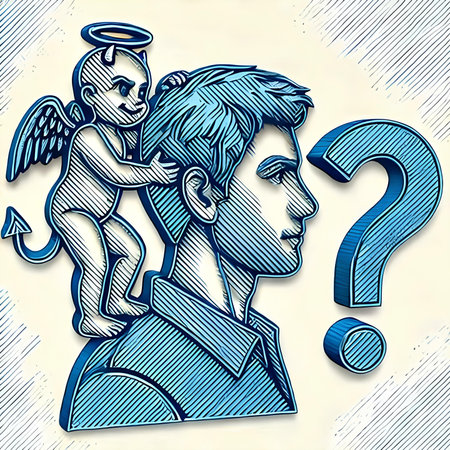 Angel and boy with question mark. Hand drawn vector illustration in sketch style.の素材