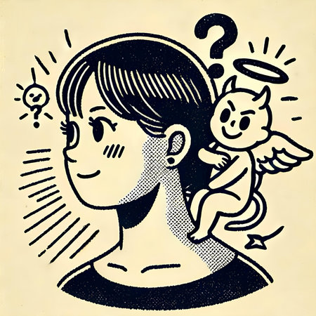 Woman with question mark and angel. Hand drawn vintage vector illustration.の素材