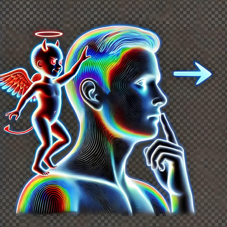 Angel and devil. Vector illustration of a man with a child.の素材