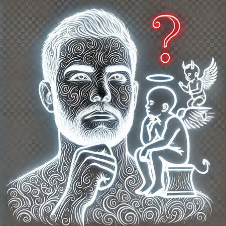 Vector illustration of a man with a beard and mustache with a question mark.の素材