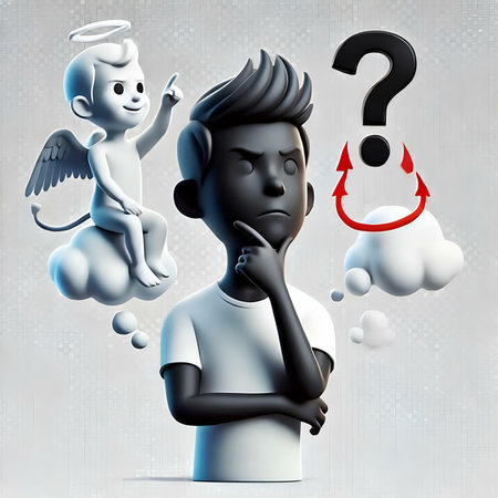 Man thinking with question mark and angel. Conceptual image. 3D renderingの素材